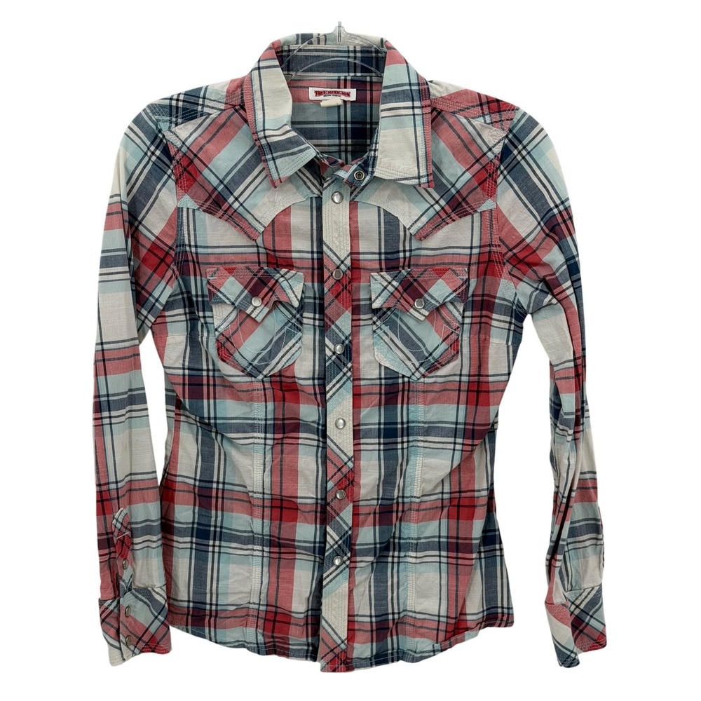 True Religion Shirt Mens Small Red Blue Plaid Pearl Snap Country Western Cowboy